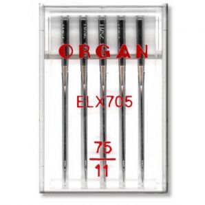 Иглы швейные хромированные ORGAN EL×705 №75 пластиковый бокс 5 штук для оверлока, распошивалки