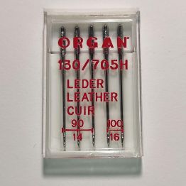 Голки швейні для шкіри та замші ORGAN Leather №90/100 пластиковий бокс 5 штук для побутових швейних машин