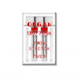 Голки швейні подвійні для трикотажу ORGAN TWIN STRETCH №75/2,5 пластиковий бокс 2 штуки для побутових швейних машин